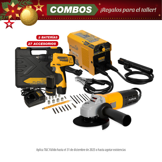 COMBO SOLDADOR INVERSOR + ESMERILADORA ANGULAR 4 1/2 + TALADRO ATORNILLADOR INALAMBRICO 12V