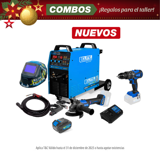 COMBO SOLDADOR INVERSOR + ANTORCHA + CARETA ELECTRONICA + TALADRO PERCUTOR INALAMBRICO + ESMERILADORA INALAMBRICA + BATERIA + CARGADOR DE BATERIA