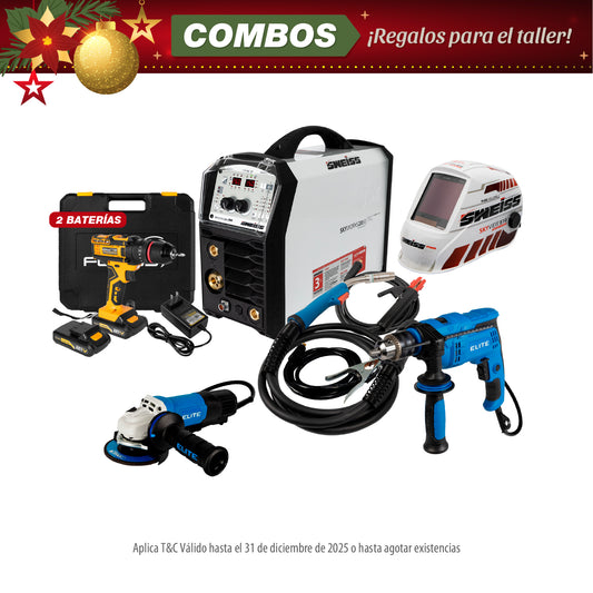 COMBO SOLDADOR INVERSOR + CARETA ELECTRONICA + ESMERILADORA ANGULAR 4-1/2PUL + TALADRO PERCUTOR 1/2PUL + TALADRO PERCUTOR INALAMBRICO 21V