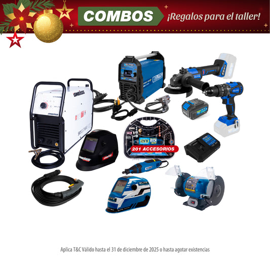 COMBO PLASMA SWEISS + ANTORCHA DE PLASMA + SOLDADOR INVERSOR + 2 CARETAS  + TALADRO PERCUTOR + ESMERILADORA INALAMBRICA + BATERIA + CARGADOR DE BATERIA 40V + ESMERIL DE BANCO 6INCH + MOTO TOOL 180W