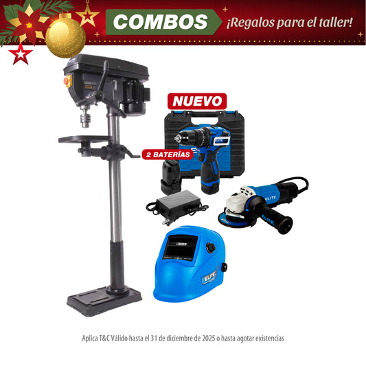 COMBO ESMERILADORA ANGULAR 4-1/2PUL + TALADRO DE ARBOL 750W + TALADRO DE IMPACTO 16V + CARETA ELECTRONICA SOLDADURA