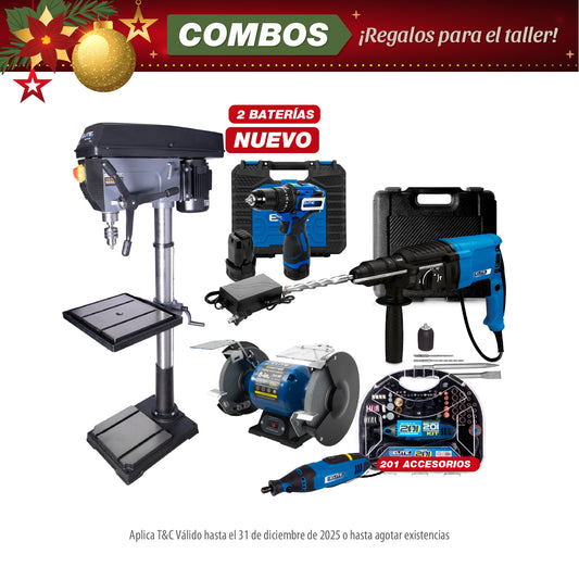 COMBO TALADRO DE ARBOL 1500W + TALADRO DE IMPACTO 16V + ROTOMARTILLO SDS PLUS 900W + ESMERIL DE BANCO 8INCH 3/4HP + MOTO TOOL 180W MANGO ENCUCHETADO