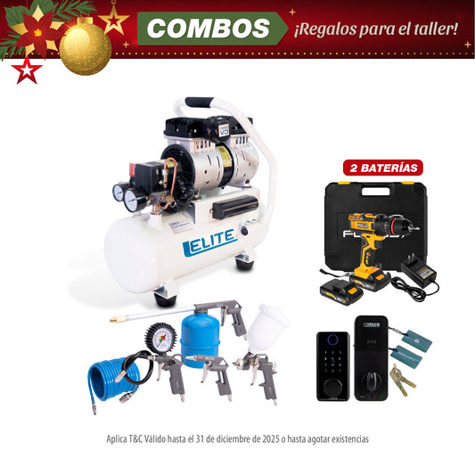 COMBO COMPRESOR DE AIRE TIPO M + CERRADURA INTELIGENTE + SET DE 5 PIEZAS PISTOLA DE PINTURA + TALADRO PERCUTOR INALAMBRICO 21V