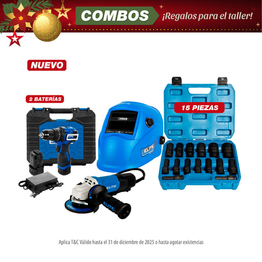COMBO TALADRO DE IMPACTO 16V + ESMERILADORA ANGULAR 4-1/2PUL 1400W + CARETA ELECTRONICA SOLDADURA + SET COPAS DE IMPACTO 1/2