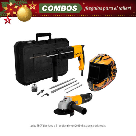 COMBO ROTOMARTILLO SDS PLUS 720W + ESMERILADORA ANGULAR 4 1/2 PULG + CARETA FOTOSENSIBLE