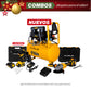 COMBO COMPRESOR DE AIRE SILENCIOSO LIBRE DE ACEITE + ESMERILADORA ANGULAR INALAMBRICA + TALADRO PERCUTOR INALAMBRICO