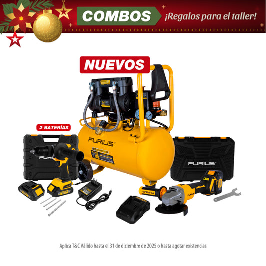 COMBO COMPRESOR DE AIRE SILENCIOSO LIBRE DE ACEITE + ESMERILADORA ANGULAR INALAMBRICA + TALADRO PERCUTOR INALAMBRICO