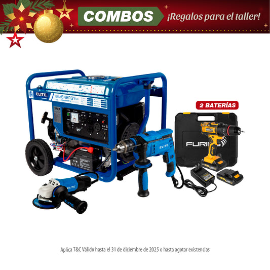 COMBO GENERADOR PORTATIL A GASOLINA + TALADRO PERCUTOR 1/2PUL + ESMERILADORA ANGULAR 4-1/2PUL + TALADRO PERCUTOR INALAMBRICO 21V