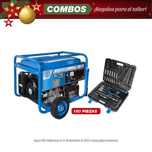 COMBO GENERADOR PORTATIL GASOLINA 6.5KW + SET MECANICO - COPAS 1/4', 3/8', 1/2'