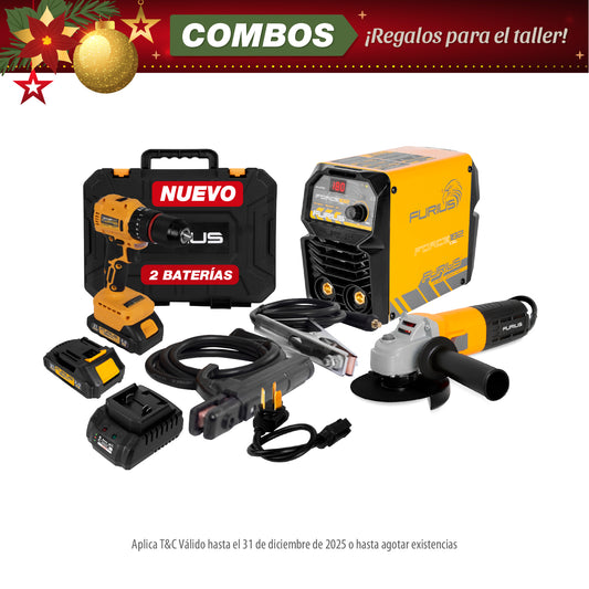 COMBO SOLDADOR INVERSOR + TALADRO PERCUTOR INALAMBRICO  + ESMERILADORA ANGULAR 4 1/2 PULG 800W