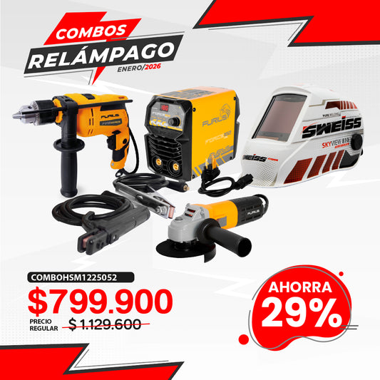 COMBO SOLDADOR INVERSOR + CARETA ELECTRONICA + ESMERILADORA ANGULAR 4 1/2 + TALADRO PERCUTOR 1/2INCH