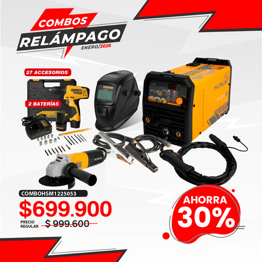 COMBO SOLDADOR INVERSOR + CARETA FOTOSENSIBLE + TALADRO ATORNILLADOR INALAMBRICO 12V + ESMERILADORA ANGULAR 4 1/2