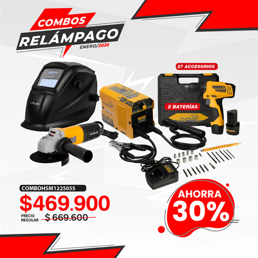 COMBO SOLDADOR INVERSOR + CARETA FOTOSENSIBLE + ESMERILADORA ANGULAR 4 1/2 + TALADRO ATORNILLADOR INALAMBRICO