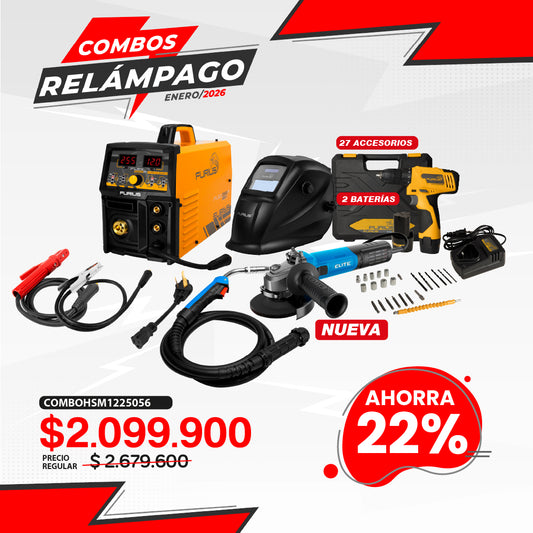 COMBO SOLDADOR INVERSOR MULTIPROCESOS + CARETA FOTOSENSIBLE + TALADRO ATORNILLADOR INALAMBRICO + ESMERILADORA ANGULAR 4 1/2