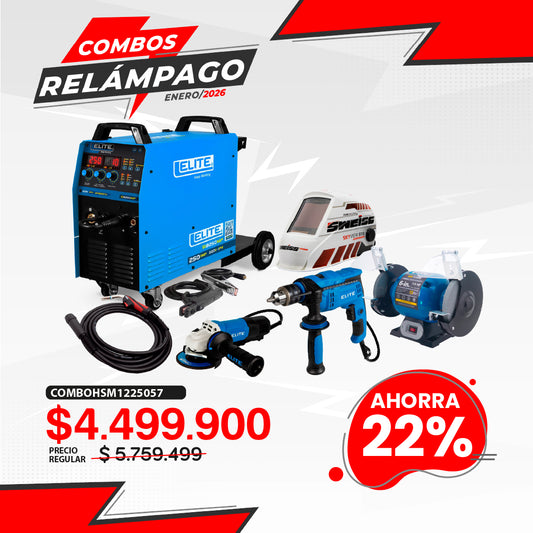 COMBO SOLDADOR INVERSOR + ANTORCHA + CARETA ELECTRONICA + ESMERILADORA ANGULAR 4-1/2PUL + TALADRO PERCUTOR + ESMERIL DE BANCO 6INCH