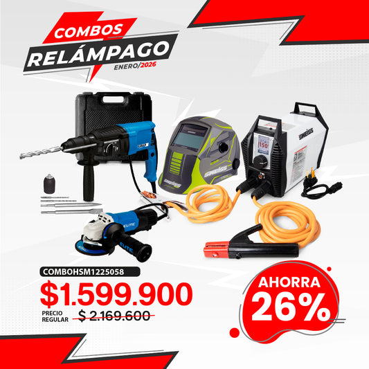 COMBO SOLDADOR INVERSOR + CARETA ELECTRONICA + ESMERILADORA ANGULAR 4-1/2PUL + ROTOMARTILLO SDS PLUS 900W