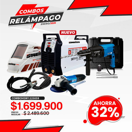 COMBO SOLDADOR INVERSOR + CARETA ELECTRONICA + ESMERILADORA ANGULAR 4-1/2INCH + ROTOMARTILLO SDS PLUS 900W