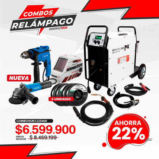 COMBO SOLDADOR INVERSOR + ANTORCHA MIG - EURO + CARETA ELECTRONICA + ESMERILADORA ANGULAR + TALADRO PERCUTOR  + ROLLO ALAMBRE SOLDADURA