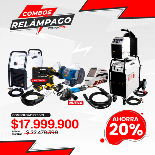 COMBO SOLDADOR INVERSOR + ANTORCHA  + CARETA ELECTRONICA + ESMERIL  + PLASMA + ANTORCHA  + TALADRO PERCUTOR + ESMERILADORA ANGULAR
