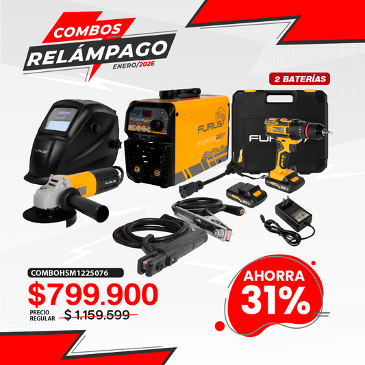 COMBO SOLDADOR INVERSOR + CARETA FOTOSENSIBLE + ESMERILADORA ANGULAR 4 1/2 + TALADRO PERCUTOR INALAMBRICO 21V