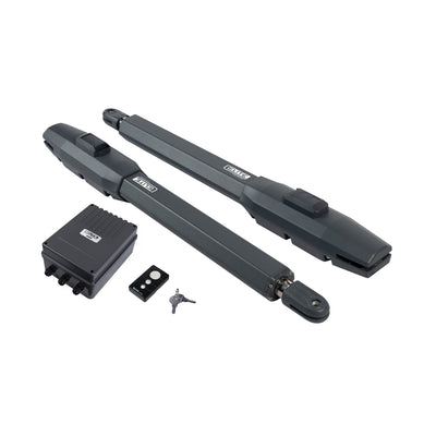 Motor para puerta batiente automática a 24V, con función antiaplastamiento. Incluye tarjeta controladora, batería y 2 controles remotos.