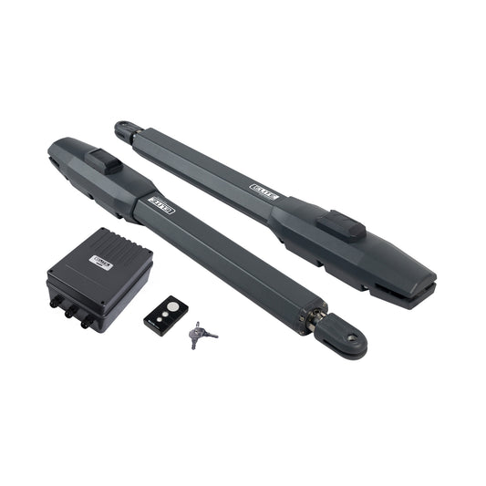 Motor para puerta batiente automática a 24V, con función antiaplastamiento. Incluye tarjeta controladora, batería y 2 controles remotos.