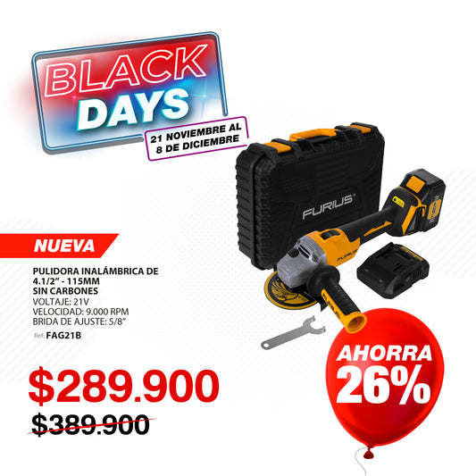 Pulidora Inalambrica brushless - pulg - 4-1/2" pulg - 9.000 RPM - 21 VCD con Batería, Cargador y Estuche Plástico