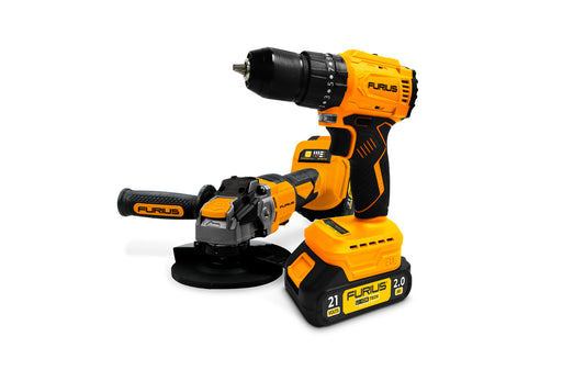 Kit taladro percutor y esmeriladora inalámbrica brushless 21V Furius
