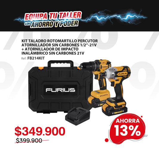 "Kit Taladro percutor 
inalámbrico brushless 21V + atornillador de
impacto inalámbrico sin carbones 21V + 2 baterias 2 amp + 1 cargador"