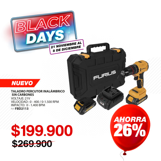 Taladro percutor inalámbrico FURIUS FIRE 21B PRO 21V 13mm Brushless con 2 baterías
