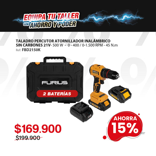 Taladro percutor inalámbrico FURIUS FIRE 21B MAX 21V 13mm Brushless con 2 baterías