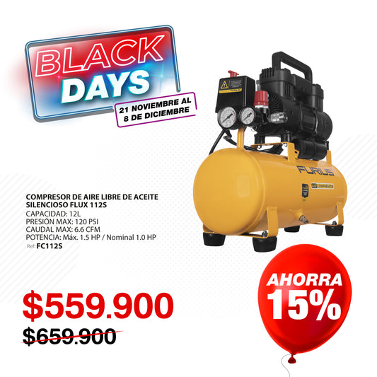 COMPRESOR DE AIRE SILENCIOSO LIBRE DE ACEITE 12L- 6.6 CFM - 1.5HP Maximo/ 1.0HP Nominal - 120PSI