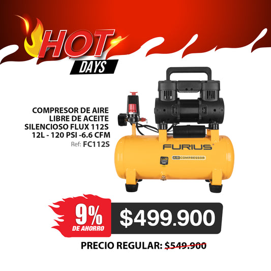 COMPRESOR DE AIRE SILENCIOSO LIBRE DE ACEITE 12L- 6.6 CFM - 1.5HP Maximo/ 1.0HP Nominal - 120PSI
