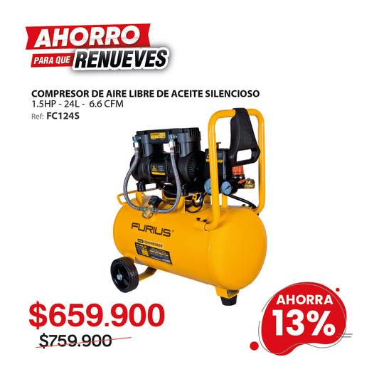 COMPRESOR DE AIRE SILENCIOSO LIBRE DE ACEITE 24L- 6.6 CFM - 1.5HP Maximo/ 1.0HP Nominal - 120PSI