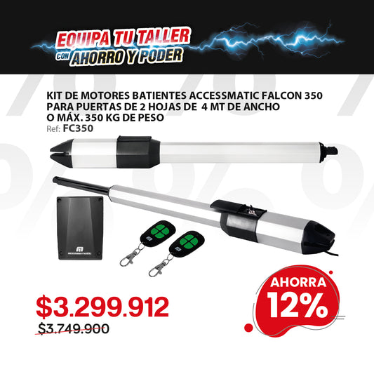 Pistón para puertas batientes/abatibles de hasta 350Kg o 4 metros de ancho. Incluye 2 pistones. FALCON350