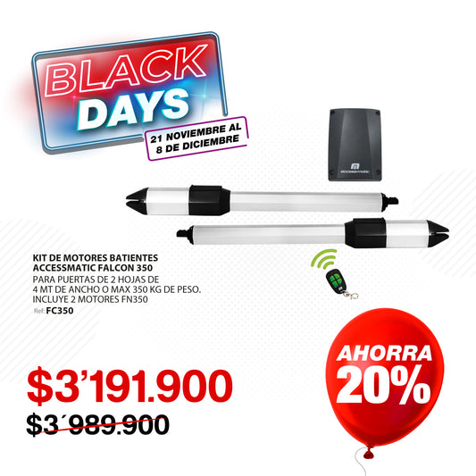 Pistón para puertas batientes/abatibles de hasta 350Kg o 4 metros de ancho. Incluye 2 pistones. FALCON350