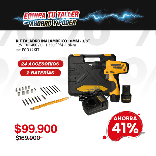 Kit taladro atornillador inalámbrico FURIUS FIRE 12V 3/8” con 2 baterías y accesorios