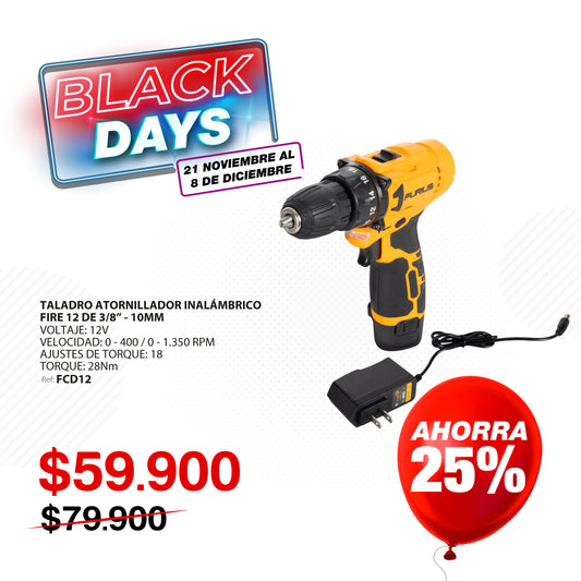 Taladro atornillador inalámbrico FURIUS FIRE 12V 3/8” con batería y cargador