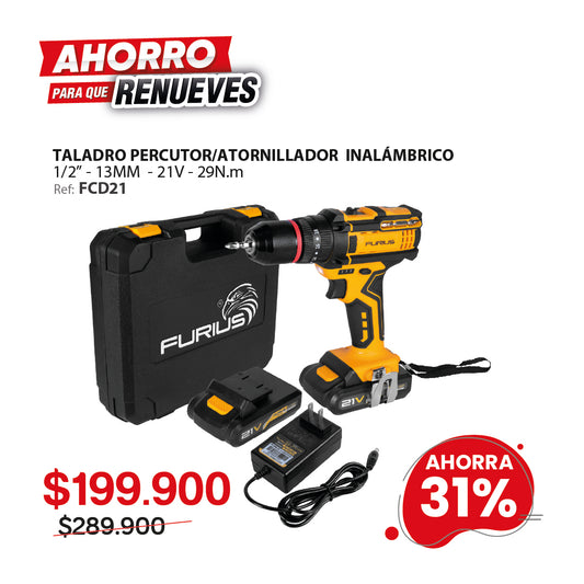 Taladro percutor atornillador inalámbrico FURIUS FIRE 21V 13mm con 2 baterías y estuche