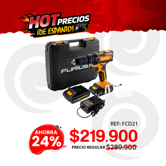 Taladro Percutor Atornillador Inalámbrico 21V de 1/2" (13mm) FURIUS con 2 Baterías, Cargador y Estuche Plástico