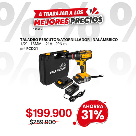 Taladro percutor atornillador inalámbrico FURIUS FIRE 21V 13mm con 2 baterías y estuche
