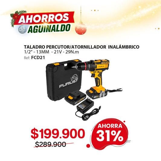 Taladro percutor atornillador inalámbrico FURIUS FIRE 21V 13mm con 2 baterías y estuche