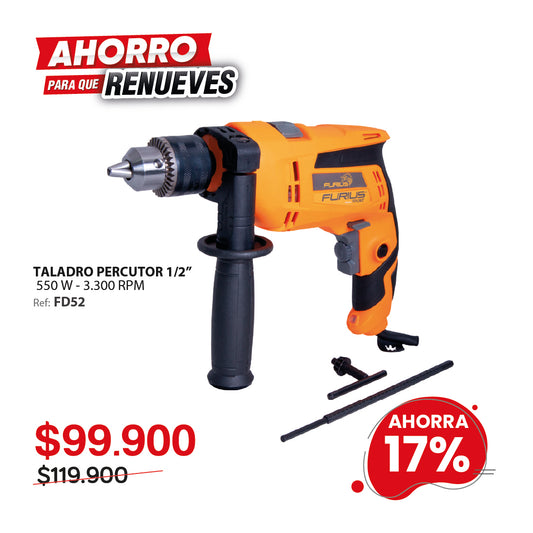 Taladro percutor FURIUS FIRE 550W 13mm 3.300 RPM con control variable