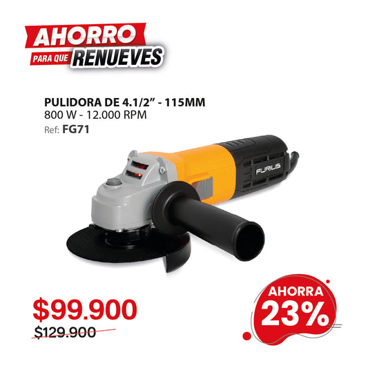 Esmeriladora angular eléctrica 800W Disco 4. 1/2” 115mm 12.000 RPM . FIRE 71