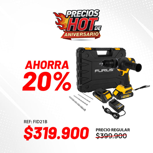 Taladro Inalambrico sin escobillas 1/2" pulg - 13mm - 21 V FURIUS con 2 Baterías, Cargador y Estuche Plástico