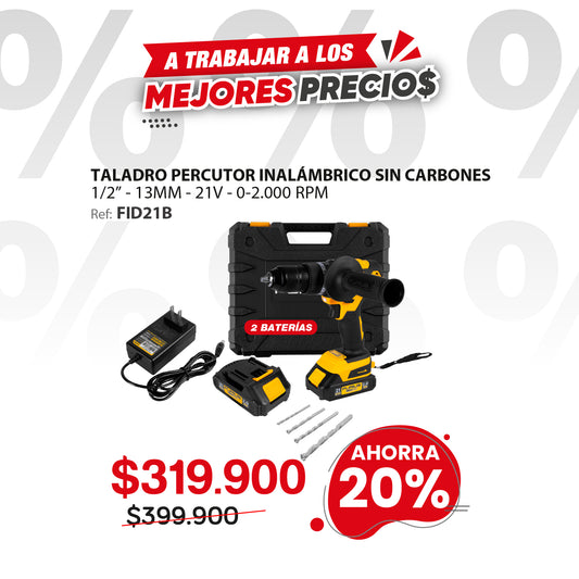 Taladro percutor inalámbrico FURIUS FIRE 21B 21V 13mm Brushless con 2 baterías, cargador y estuche plástico