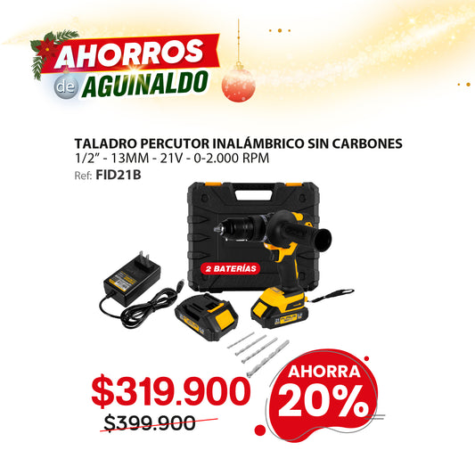 Taladro percutor inalámbrico FURIUS FIRE 21B 21V 13mm Brushless con 2 baterías, cargador y estuche plástico