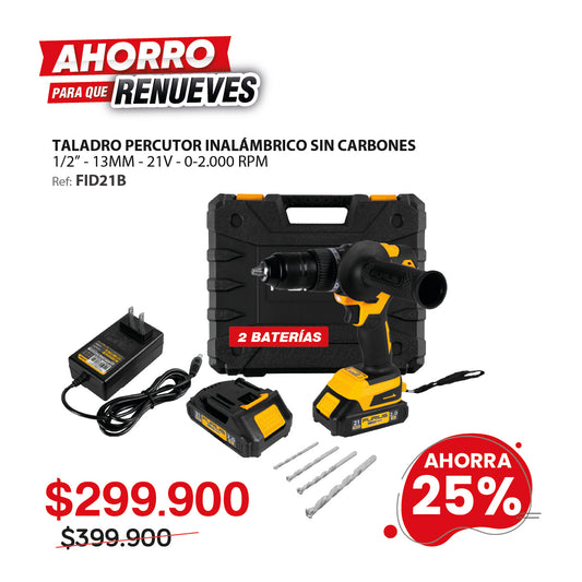 Taladro percutor inalámbrico FURIUS FIRE 21B 21V 13mm Brushless con 2 baterías, cargador y estuche plástico