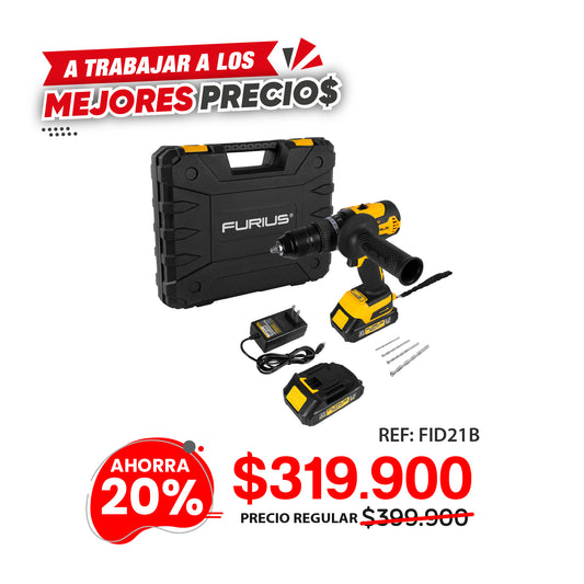 Taladro Inalambrico sin escobillas 1/2" pulg - 13mm - 21 V FURIUS con 2 Baterías, Cargador y Estuche Plástico