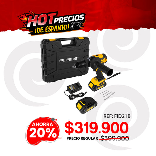 Taladro Inalambrico sin escobillas 1/2" pulg - 13mm - 21 V FURIUS con 2 Baterías, Cargador y Estuche Plástico